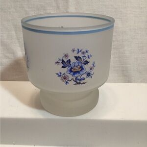 Frosted Glass Vase or Candle Holder Blue Accents & Flowers Vintage Unmarked